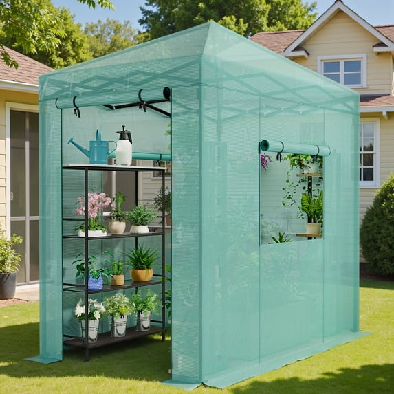 Vineego 6*4 Ft Portable Pop-Up Walk-in Greenhouse with Central Lock Windproof PE Cover, Double-Layer Windows, for Garden and Backyard, Green