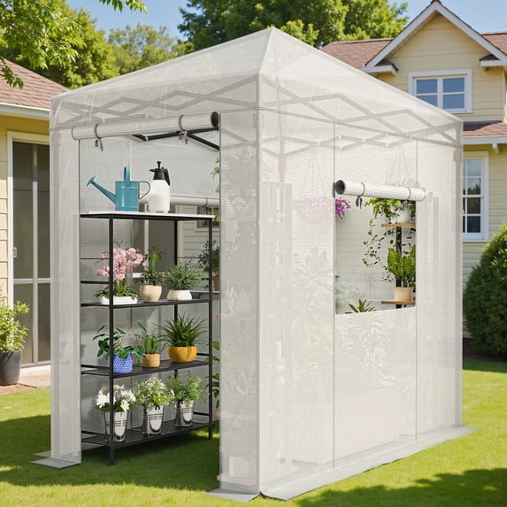 Vineego 6*4 Ft Portable Pop-Up Walk-in Greenhouse with Central Lock Windproof PE Cover, Double-Layer Windows, for Garden and Backyard, White