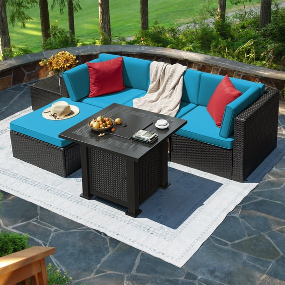Devoko 5-Pieces Rattan Outdoor Patio Furniture Set with Fire Pit Table, Blue/Beige