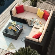 Devoko 6 Pieces Patio Furniture Set Outdoor Sectional Sofa, Beige, Wicker, Rattan, Steel