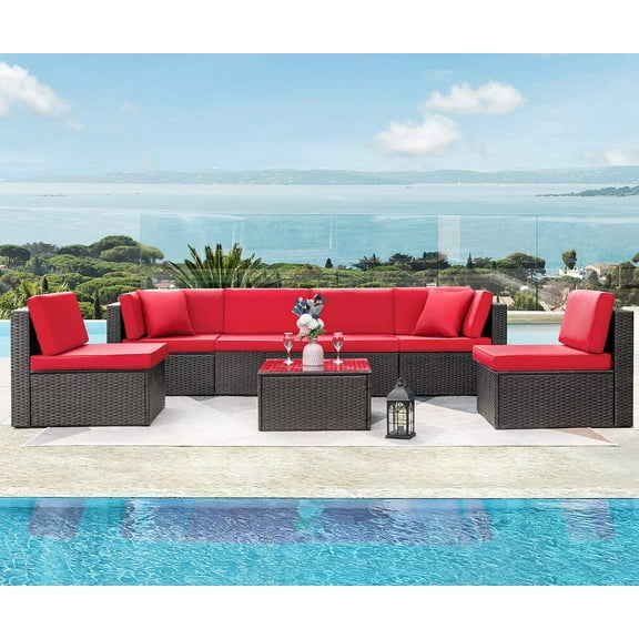 Devoko 7 Pieces Outdoor Sectional Sofa Patio Furniture Sets Manual Weaving Wicker Rattan Patio Conversation Sets with Cushion and Glass Table (Red)