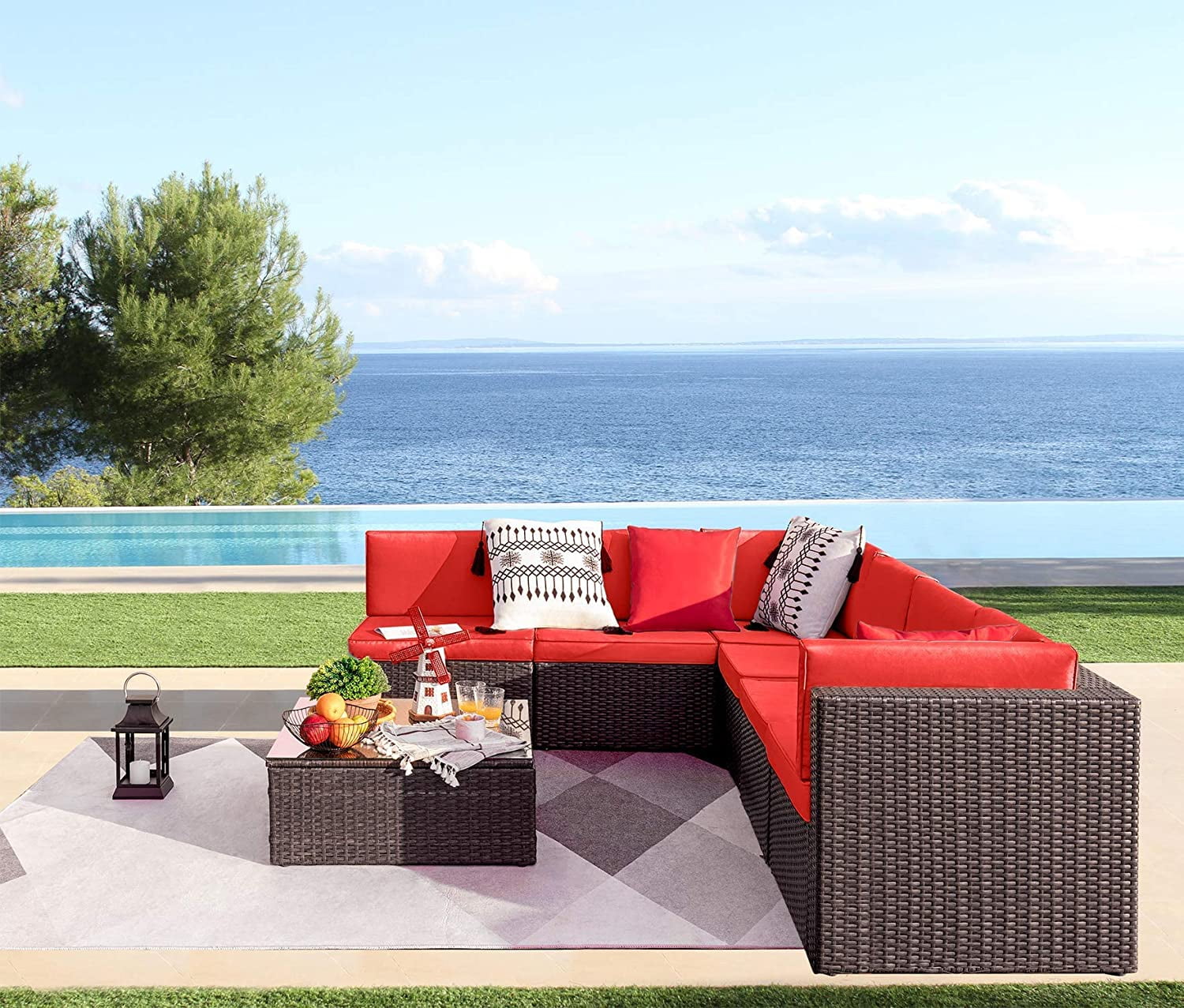 Devoko 7 Pieces Outdoor Sectional Sofa Patio Furniture Sets Manual Weaving Wicker Rattan Patio Conversation Sets with Cushion and Glass Table, Red