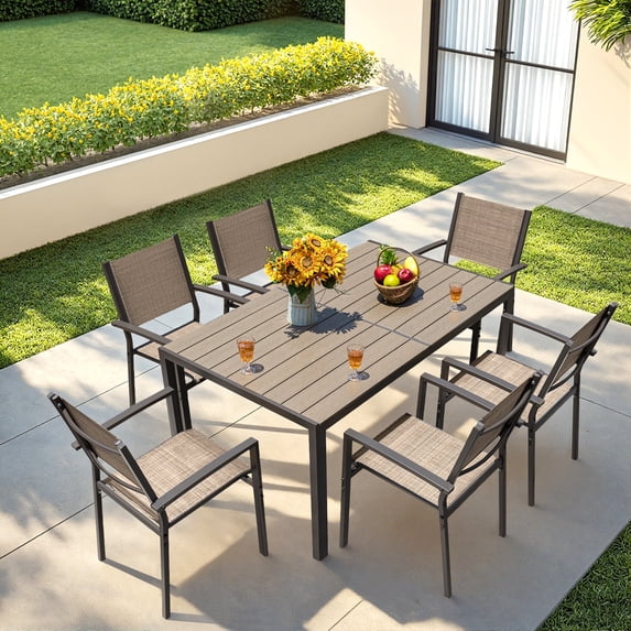 Vineego 7 Pieces Outdoor Dining Set,Patio Conversation Set Outdoor Furniture Set 6 Stackable Textilene Armchairs with Rectangular Table, Brown