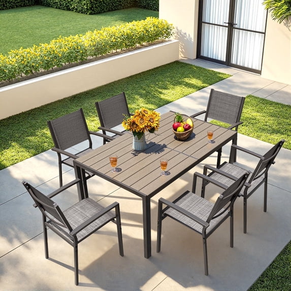 Vineego 7 Pieces Outdoor Dining Set ,Patio Conversation Set Outdoor Furniture Set 6 Stackable Textilene Armchairs with Rectangular Table, Light Gray