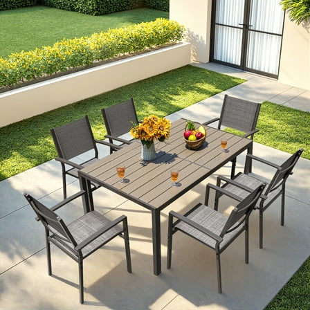 Devoko 7 Pieces  Outdoor Dining Set ,Patio Conversation Set Outdoor Furniture Set 6 Stackable Textilene Armchairs with Rectangular Table, Light Gray
