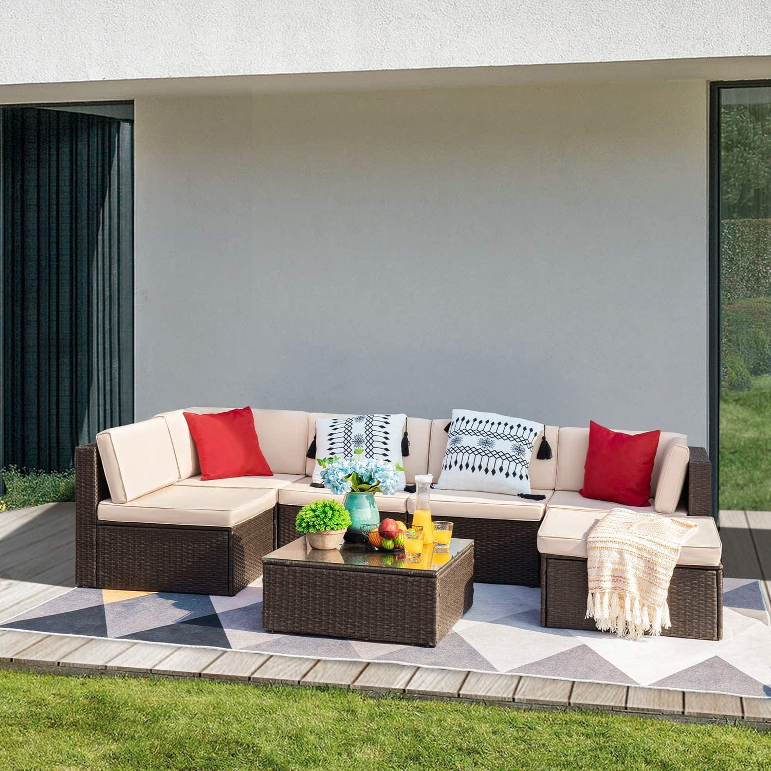 Devoko 7pc AllWeather Patio Set, Outdoor Sectional Sofa, Wicker Rattan