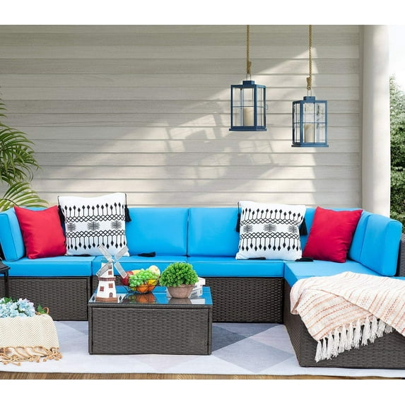 Devoko 7 Pieces Patio Furniture Sets All-Weather Outdoor Sectional Sofa Manual Weaving Wicker Rattan Patio Conversation Set with Cushion and Glass Table, Blue