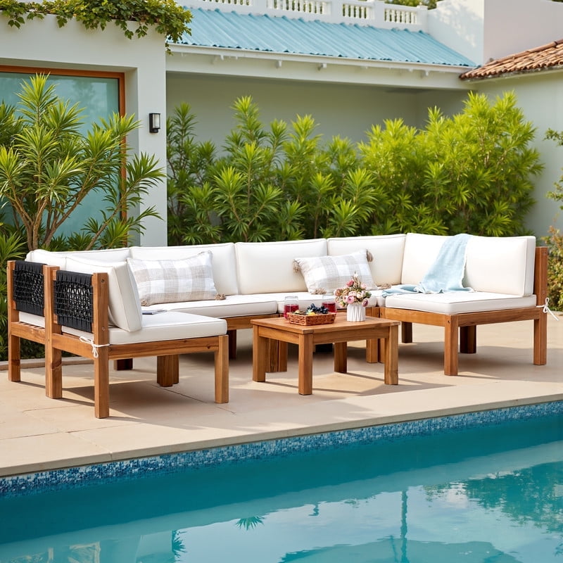 Vineego 7 pieces Patio Acacia Wood Sectional Sofa with Cushions，Outdoor Furniture Set for Porch, Yard and Balcony
