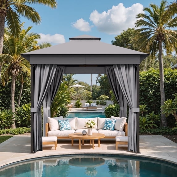 Devoko 8×8 ft Outdoor Pop Up Gazebo with Mosquito Netting,Double Roof Gazebo with Double Curtains for Backyard, Garden and Patio,Gray