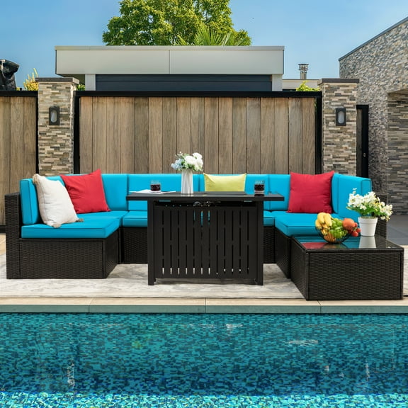 Devoko 8-Pieces Steel Sturdy Outdoor Conversation Sets with 50,000 BTU Propane Fire Pit Table, Blue