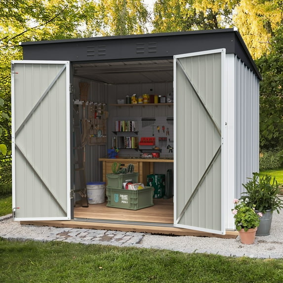 Devoko 8'x6' Patio Metal Storage Shed with Lockable Door,Outdoor Steel Tool Storage Shed for Backyard and Garden,White