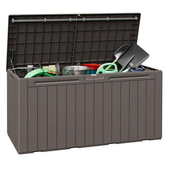 Devoko 99 Gallon Deck Box, Outdoor Storage Container with Lockable Lid, Waterproof Resin Storage Bin for Patio Cushions, Garden Tools & Pool Supplies, Brown