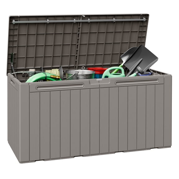Devoko 99 Gallon Deck Box, Outdoor Storage Container with Lockable Lid, Waterproof Resin Storage Bin for Patio Cushions, Garden Tools & Pool Supplies, Light Brown