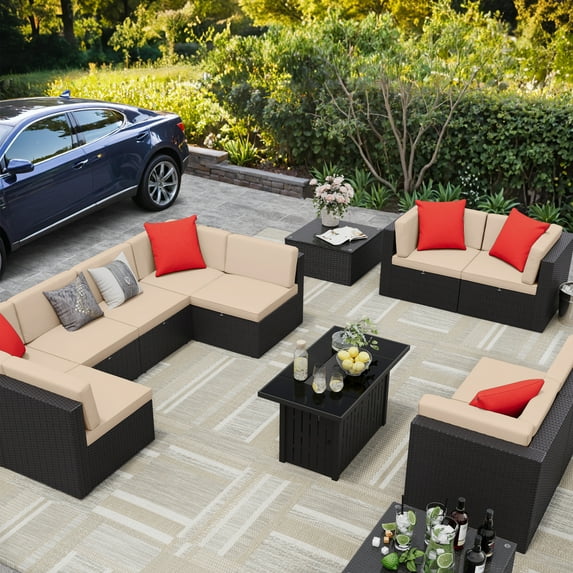 Devoko Exclusive 13 Pieces Fire Pit Seating, Outdoor Sectional Rattan Sofa Set with 50000 BTU Propane Fire Pit Table, Beige