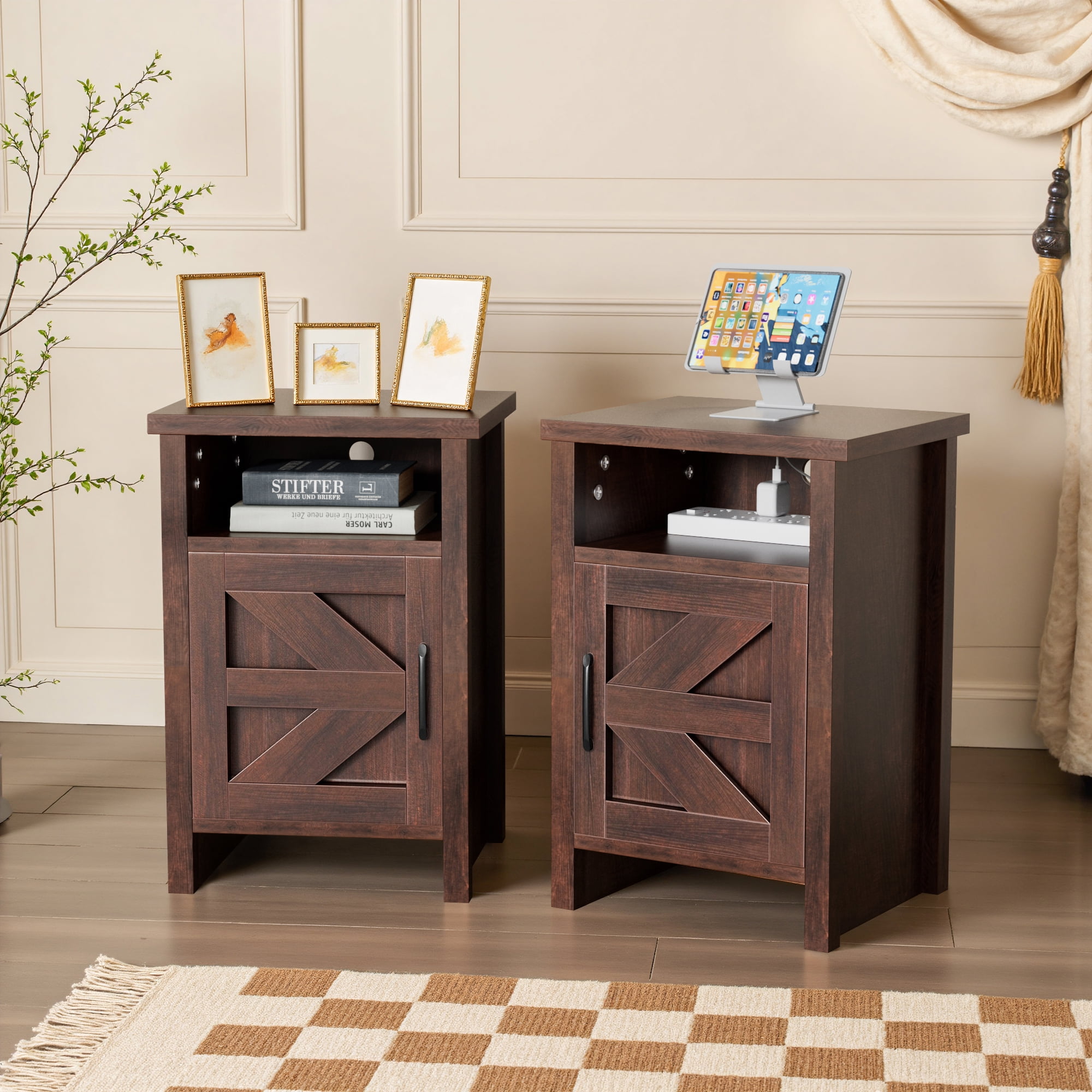 Devoko Wooden Nightstand Set, Dark Brown Bedside with Grain — free download