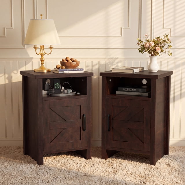 Vineego Nightstand Set of 2 Farmhouse Nightstand with Storage Shelves Bedside Tables End Table for Bedroom Modern Wood Side Table Living Room, Dark Brown