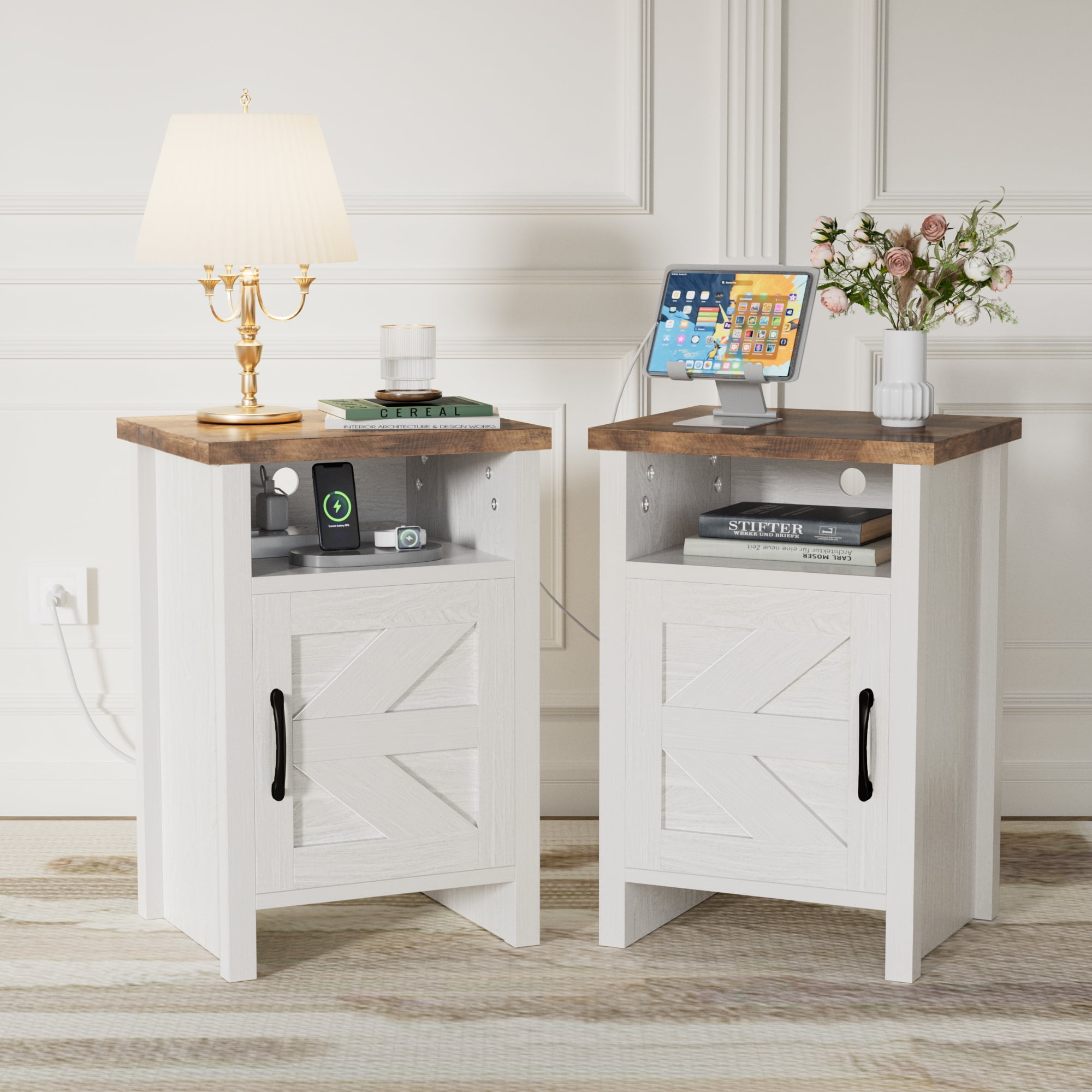 Devoko Nightstand Set of 2 Farmhouse Nightstand with Storage Shelves Bedside Tables End Table for Bedroom Modern Wood Side Table Living Room,White