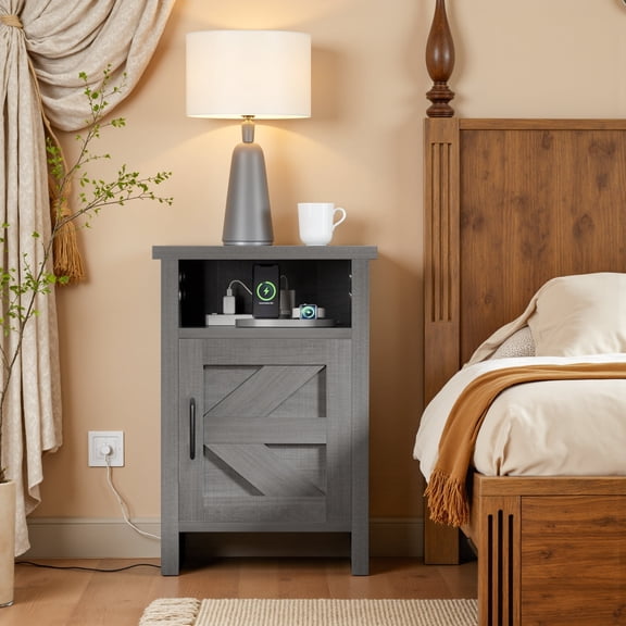 Vineego 1 Piece Farmhouse Nightstand with Storage Shelves Bedside Tables for Bedroom Modern Wood Side Table Living Room, Gray