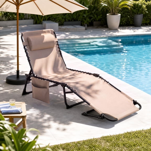 Vineego Outdoor Folding Chaise Lounge Chair, Face‑Down Tanning Sun Lounger with Face & Arm Holes, 5‑Position Adjustable,Portable Patio Recliner for Beach, Poolside, Backyard, Camping, Beige