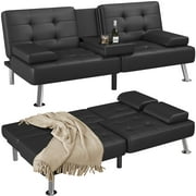 Devoko Modern Faux Leather Futon Sofa Bed Convertible Folding Sofa Bed Removable Armrests and 2 Cup Holders ,Black