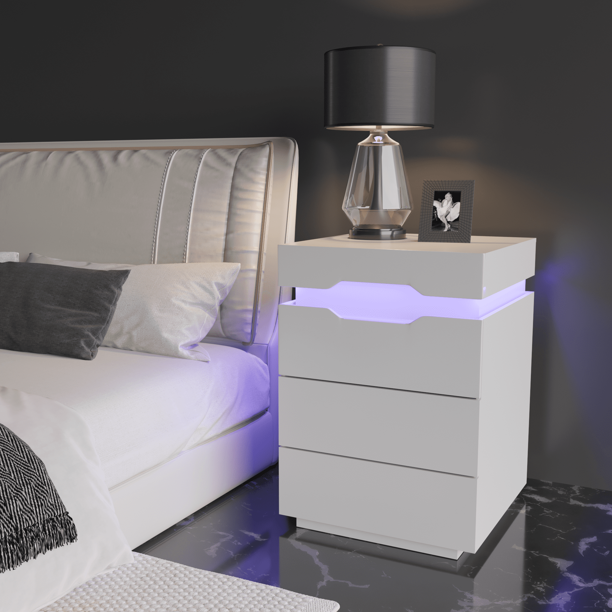 Devoko Nightstand with Charging Station, Side Table with LED Lights