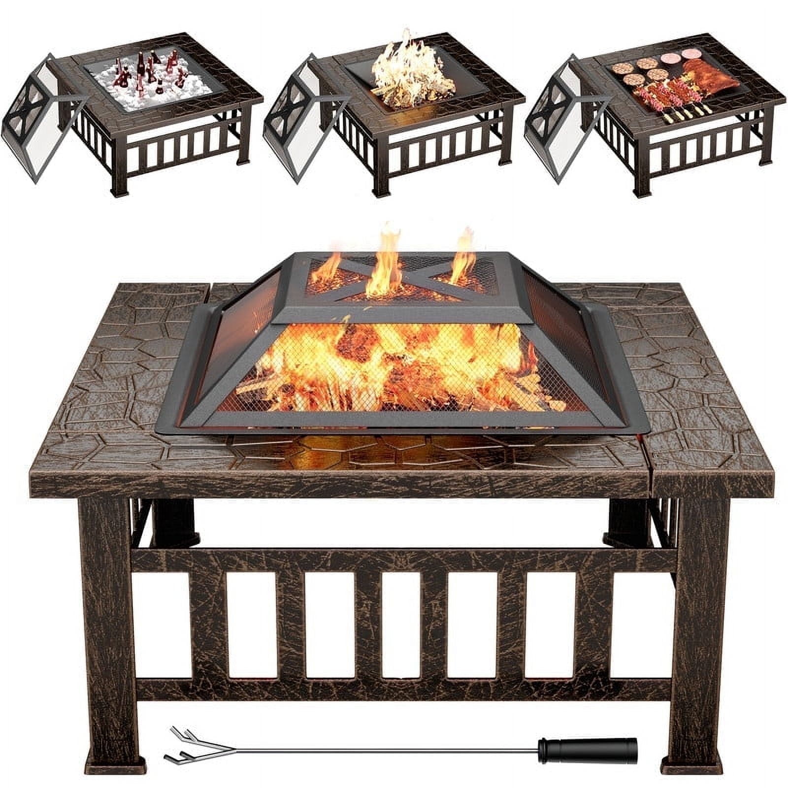 Devoko Outdoor 32" Square Metal Fire Pit with Cover and Poker, Brown