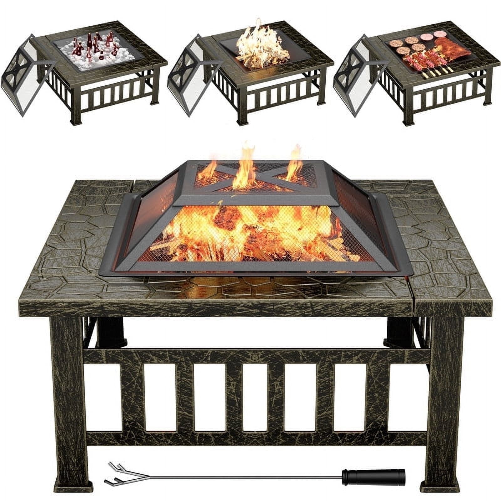 Devoko Outdoor 32" Square Metal Fire Pit with Cover and Poker, Gold
