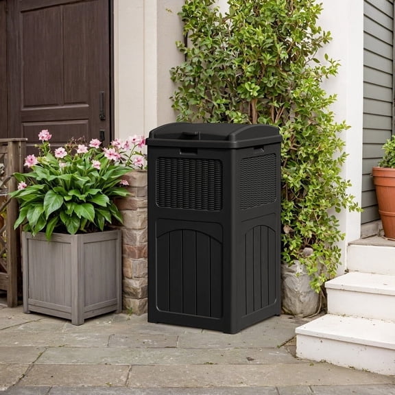 Devoko  All-Weather use Trashbin with Lid, Patio Resin Hideaway Trash Can with Waterproof for Backyard, Black