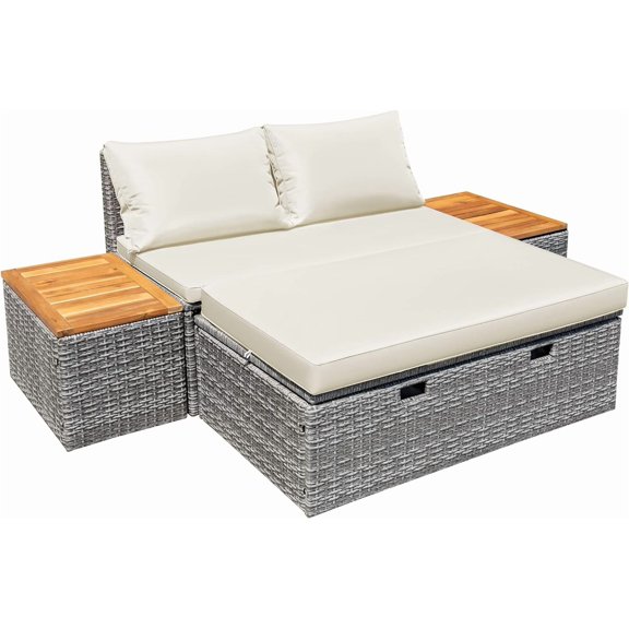 Devoko Outdoor Daybed Set Multifunctional Patio Day Bed Rattan Lounge Bed with 2 Side Tables for Backyard Porch Poolside Lawn Beach (Beige White)
