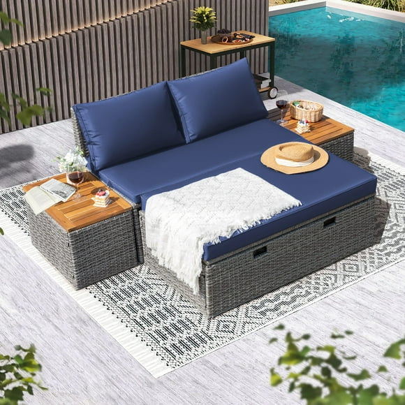 Devoko Outdoor Daybed Set Multifunctional Patio Day Bed Rattan Lounge Bed with 2 Side Tables for Backyard Porch Poolside Lawn Beach (Navy Blue)