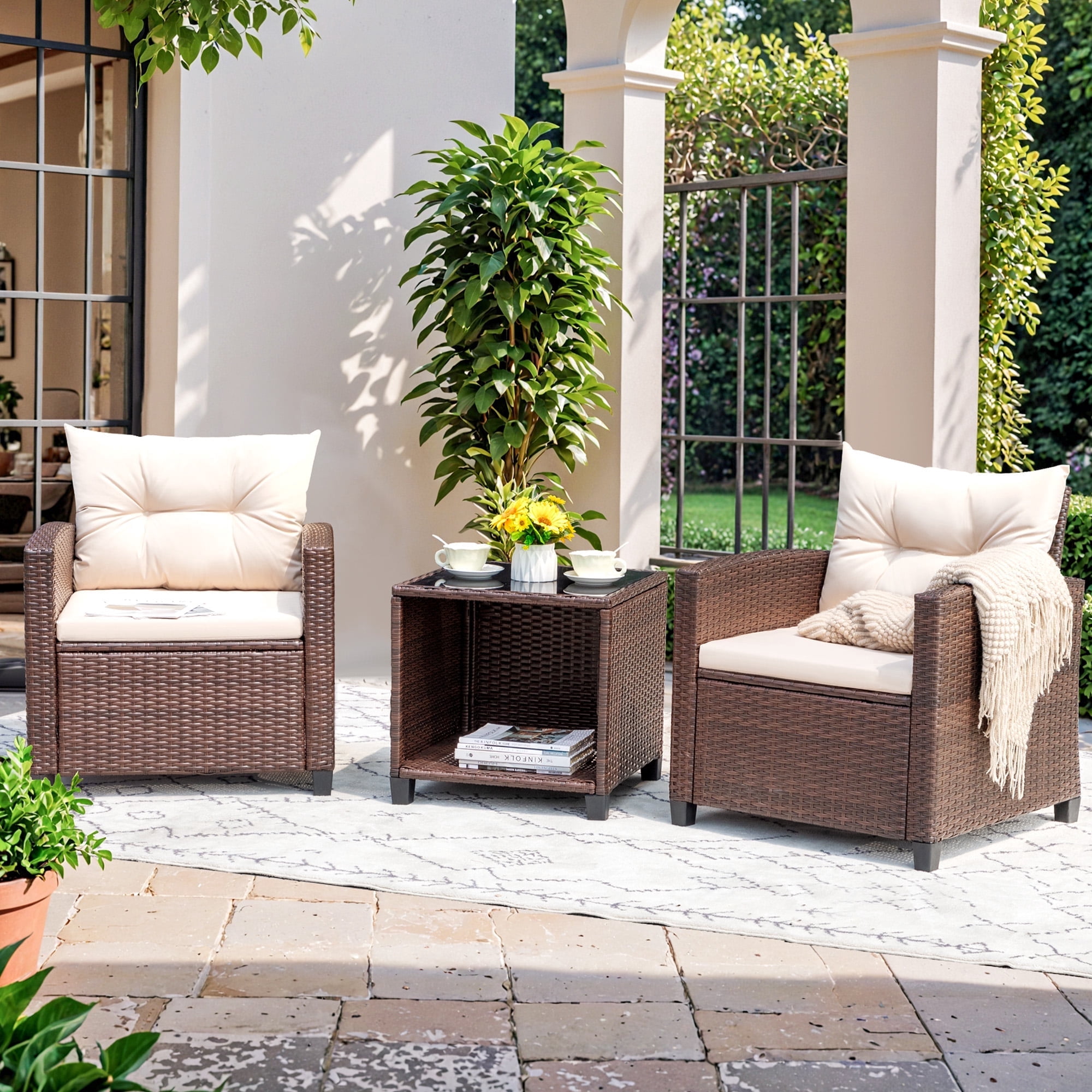 Vineego Outdoor Furniture Sets 3 Pieces Patio Bistro Set, Rattan Patio Conversation Chair Set with Cushion and Coffee Table, Beige