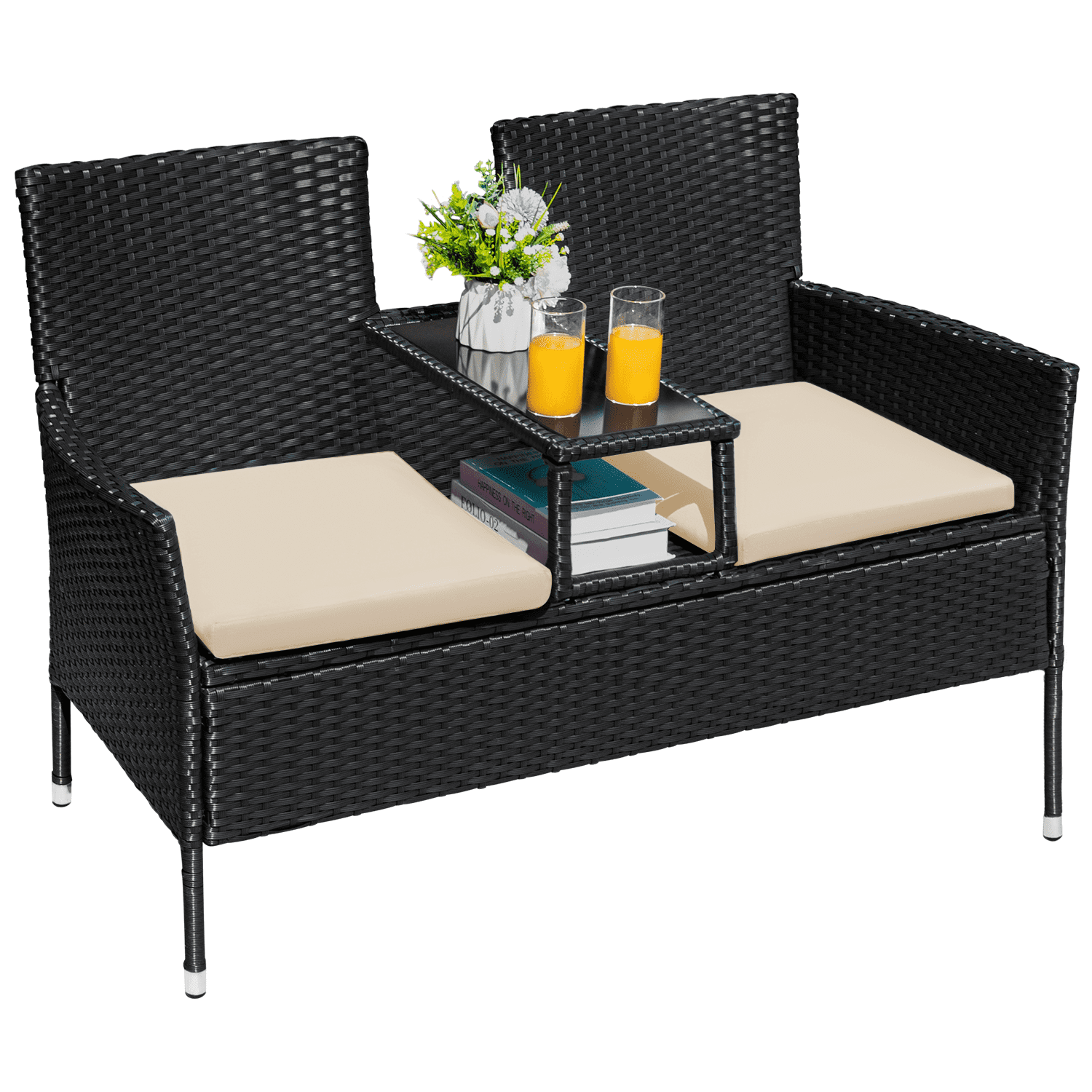Devoko Outdoor Patio Loveseat Modern Rattan Patio Conversation Furniture Set with Cushions and Built-in Coffee Table Porch Furniture for Garden Lawn Backyard, Beige
