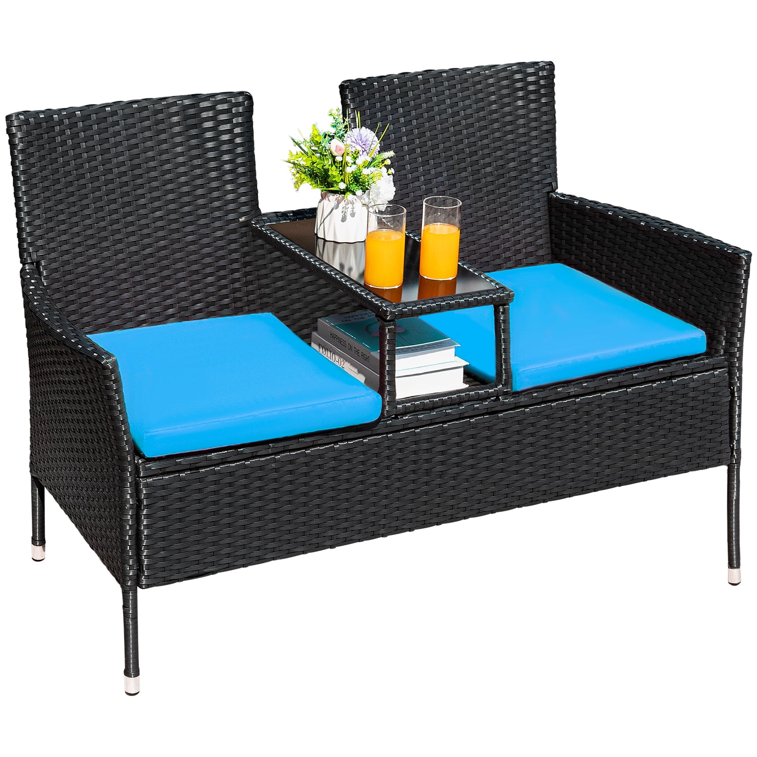 Devoko Outdoor Patio Loveseat Rattan Patio Conversation Furniture Set with Coffee Table, Blue