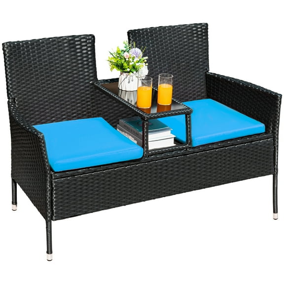 Devoko Outdoor Patio Loveseat Rattan Patio Conversation Furniture Set with Coffee Table, Blue