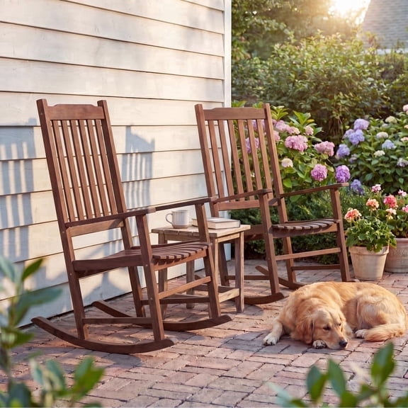 Devoko Outdoor Rocking Chair Set of 2, Solid Acacia Wood Patio Rocking Chairs with High Backrest, Porch Rocker for Patio Garden Balcony, Brown