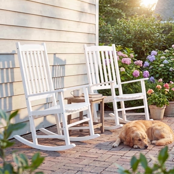 Devoko Outdoor Rocking Chair Set of 2, Solid Acacia Wood Patio Rocking Chairs with High Backrest, Porch Rocker for Patio Garden Balcony, White