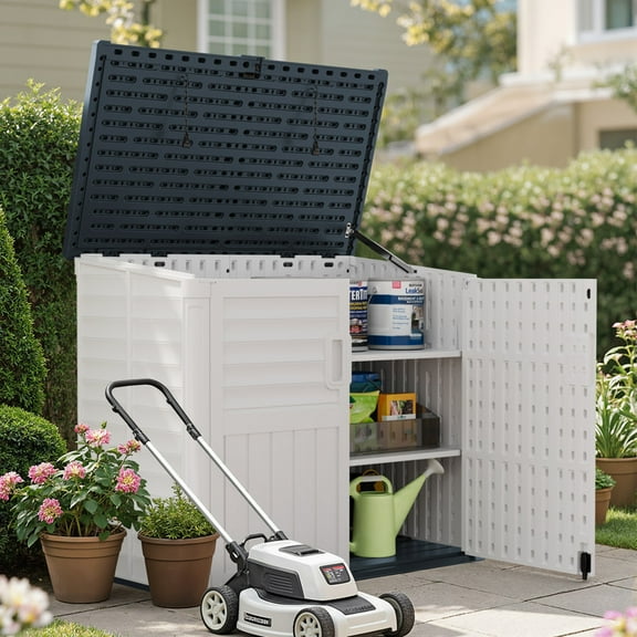 Devoko Outdoor Storage Shed Resin, 35 Cu.Ft Large Capacity Waterproof Plastic Storage Cabinet with Lockable for Garden and Patio