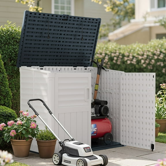 Devoko Outdoor Storage Shed Resin, 35 Cu.Ft Large Capacity Waterproof Plastic Storage Cabinet with Lockable for Garden and Patio