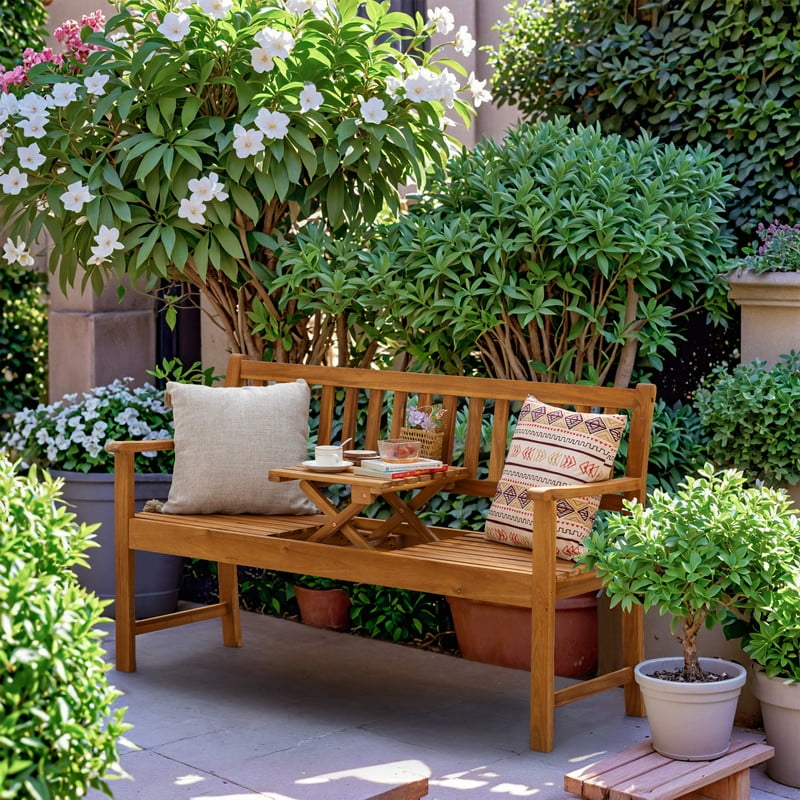 Devoko Patio Acacia Wood Bench Loveseat with a Folding Table, Outdoor