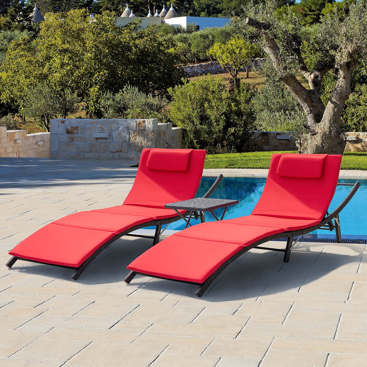 Devoko Patio Chaise Outdoor PE Rattan Folding Lounge Chair, Table Set: Ideal for Pool, Garden, Deck, 350 lb, Red