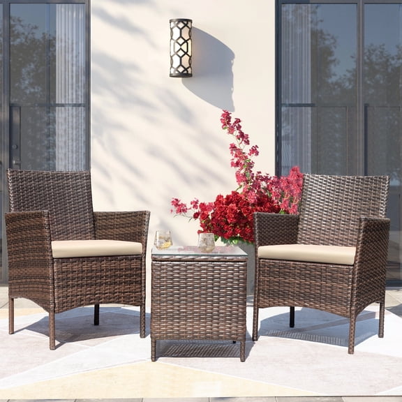 Vineego Patio Conversation Set Outdoor Furniture Set PE Rattan Set of 3, Brown/Beige
