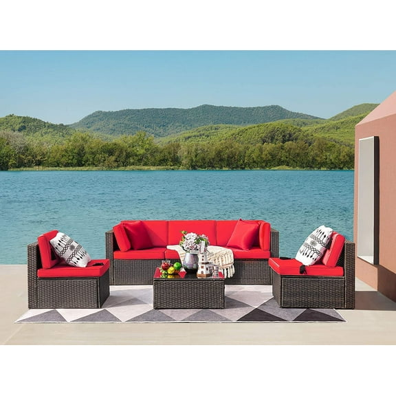 Devoko Patio Furniture Sets 6 Pieces Outdoor Sectional Rattan Sofa Manual Weaving Wicker Patio Conversation Set with Glass Table and Cushion, Red