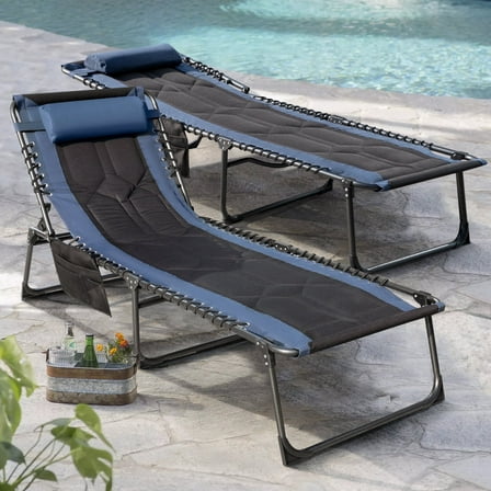 Devoko 1-Piece Patio Metal Lounge Chairs Folding Adjustable Chaise Chair with Side Bag, Blue