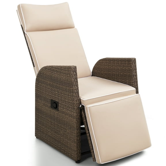 Devoko Patio Outdoor Wicker Adjustable Recliner with Cushion and Build-in Table, Beige