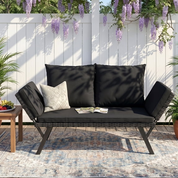 Devoko Patio Wicker Daybed with Adjustable Armrest, Outdoor Foldable PE Rattan Sofa Bed for All-Weather Use,Black