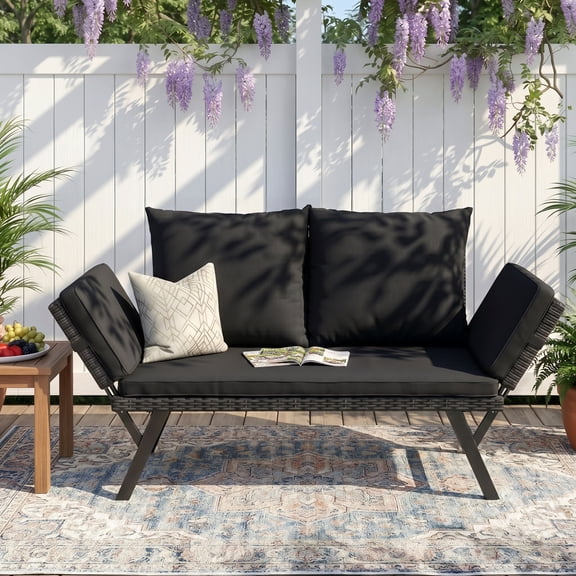 Devoko Patio Wicker Daybed with Adjustable Armrest, Outdoor Foldable PE Rattan Sofa Bed for All-Weather Use,Black