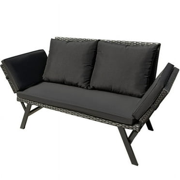 Devoko Patio Wicker Daybed with Adjustable Armrest, Outdoor Foldable PE Rattan Sofa Bed for All-Weather Use,Black