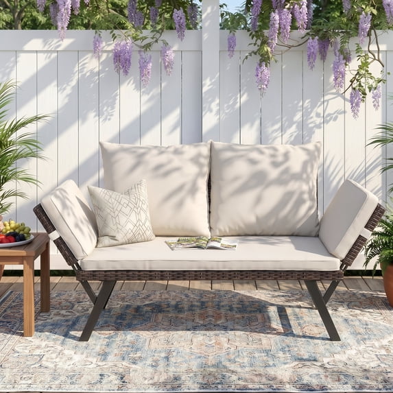 Devoko Patio Wicker Daybed with Adjustable Armrest, Outdoor PE Rattan Sofa Bed for All-Weather Use,Brown and White