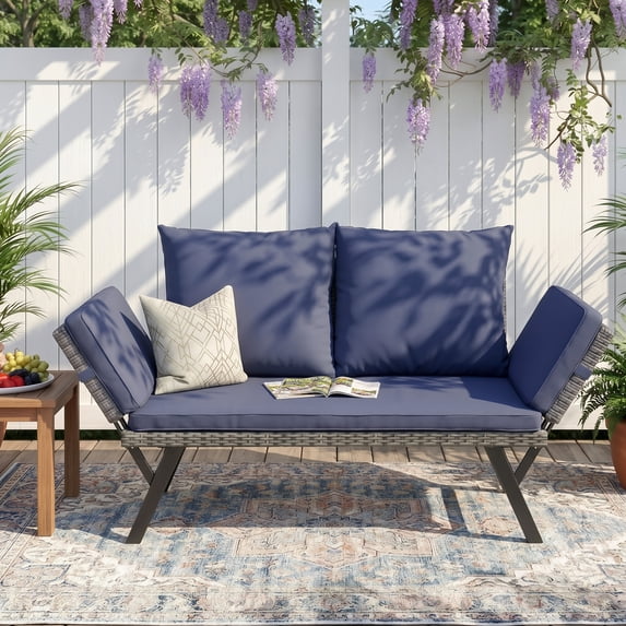 Devoko Patio Wicker Daybed with Adjustable Armrest, Outdoor PE Rattan Sofa Bed for All-Weather Use,Gray and Blue