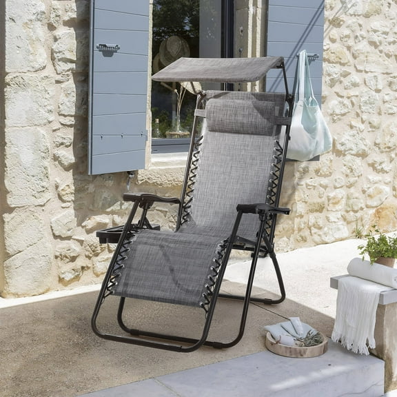 Devoko Patio Zero Gravity Chair Outdoor Folding Recliner Lounge Chair with Attachable Sunshade Canopy and Holder, Gray